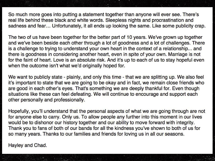 Paramore's Hayley Williams splits from husband Chad Gilbert